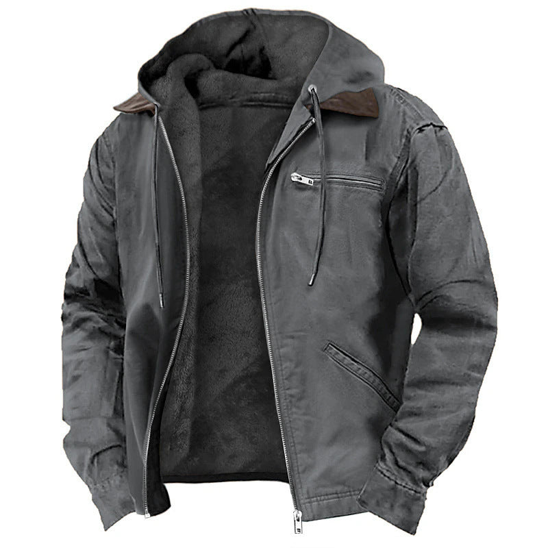 Casual Solid Color Hooded Cotton Jacket with Fleece Lining and Zipper Pockets for Men - American Smart