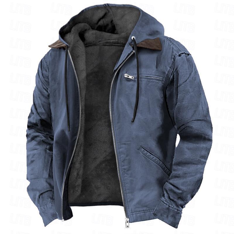 Casual Solid Color Hooded Cotton Jacket with Fleece Lining and Zipper Pockets for Men - American Smart