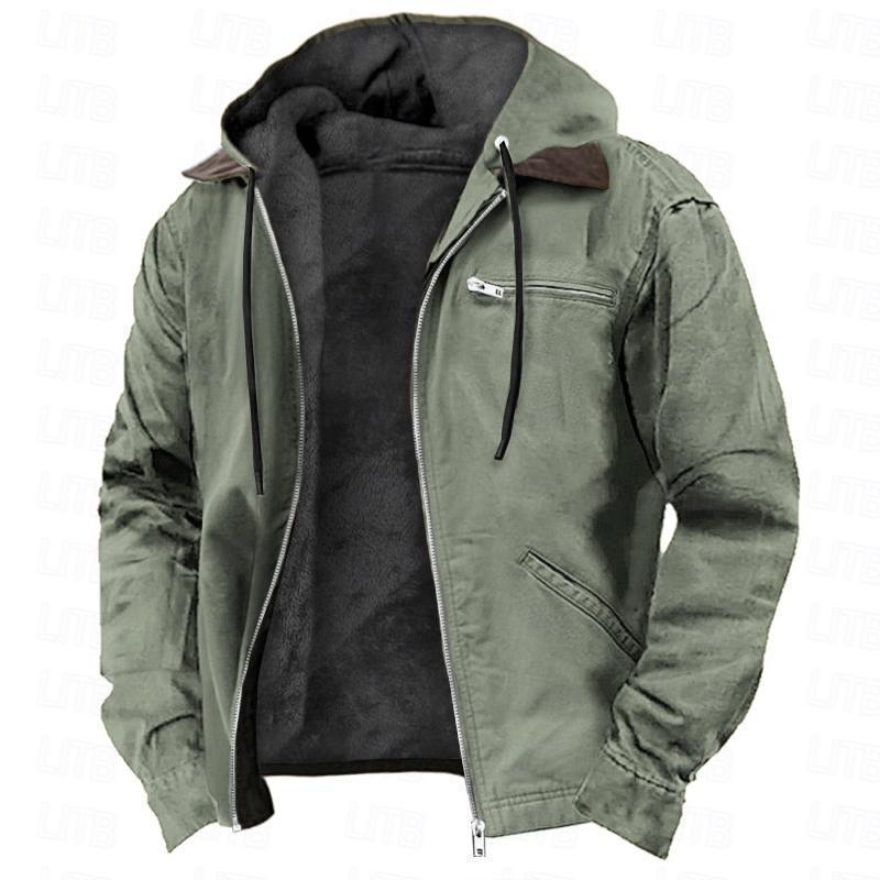 Casual Solid Color Hooded Cotton Jacket with Fleece Lining and Zipper Pockets for Men - American Smart