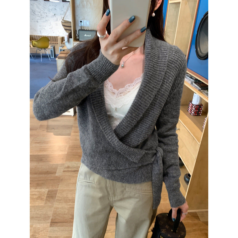 Chic Cross V-Neck Tie-Front Knit Sweater Top for Women - American Smart