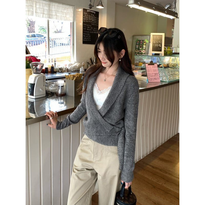 Chic Cross V-Neck Tie-Front Knit Sweater Top for Women - American Smart