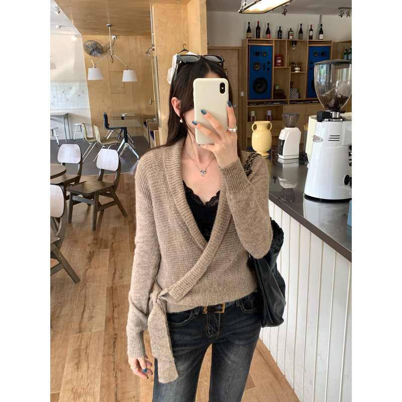 Chic Cross V-Neck Tie-Front Knit Sweater Top for Women - American Smart