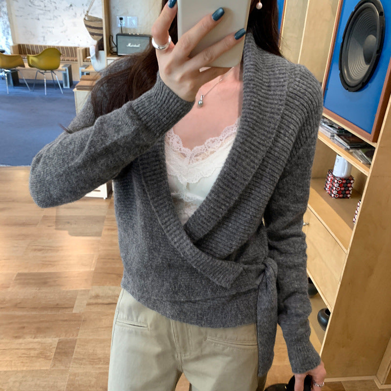 Chic Cross V-Neck Tie-Front Knit Sweater Top for Women - American Smart