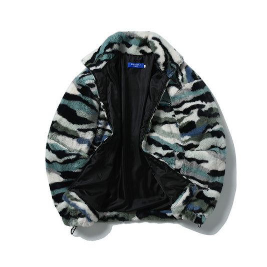 Eprolo retro camouflage rabbit plush jacket for men and women, warm cotton, loose casual winter and autumn outerwear.