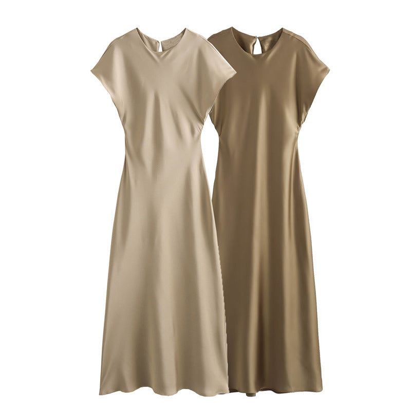 Elegant eprolo satin party evening midi dress with keyhole back, sleeveless A-line design, perfect for formal women’s events.