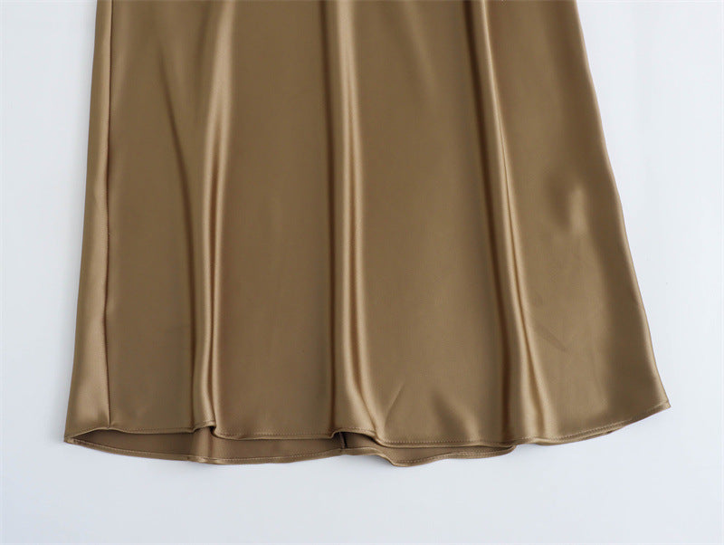 Elegant satin midi evening dress for women with a keyhole back, sleeveless A-line design, perfect for parties and special occasions.