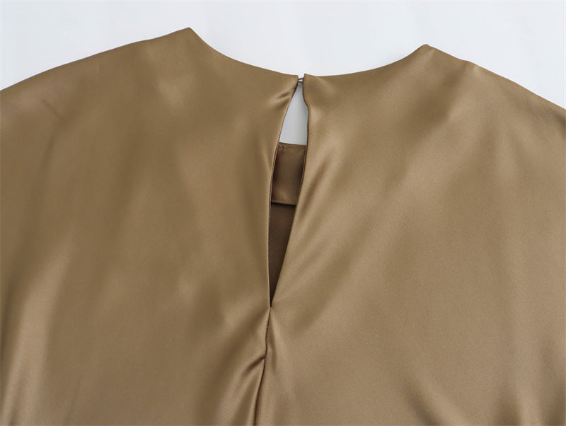 Elegant satin party evening women’s midi dress with keyhole back, sleeveless A-line design, by eprolo.
