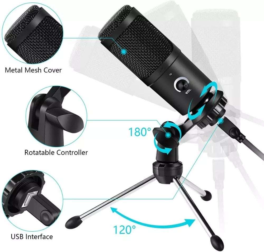 eprolo professional USB condenser microphone for PC, laptop, streaming, singing, gaming, and recording with studio-quality sound.