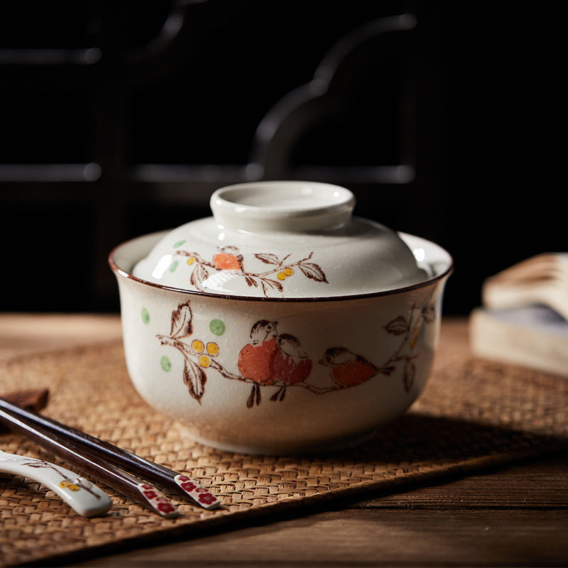 Eprolo 6.5-inch ceramic instant noodles bowl with lid, underglaze color bento box, suitable for Lamian noodles and student tableware.