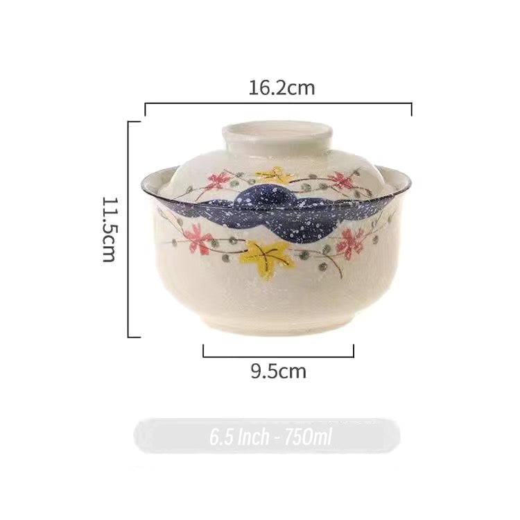 Eprolo 6.5-inch ceramic instant noodles bowl with cover, underglaze color bento box for Lamian noodles, student tableware.