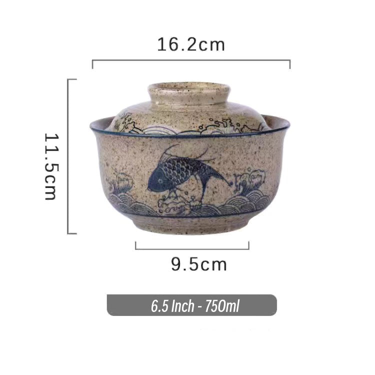 Eprolo 6.5-inch ceramic instant noodles bowl with cover, underglaze color, suitable for bento, students, and tableware.