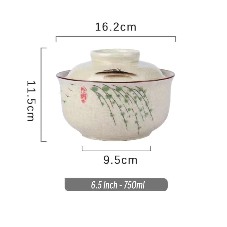 Eprolo 6.5-inch ceramic instant noodles bowl with cover, underglaze color, suitable for bento, lamian noodles, and tableware.