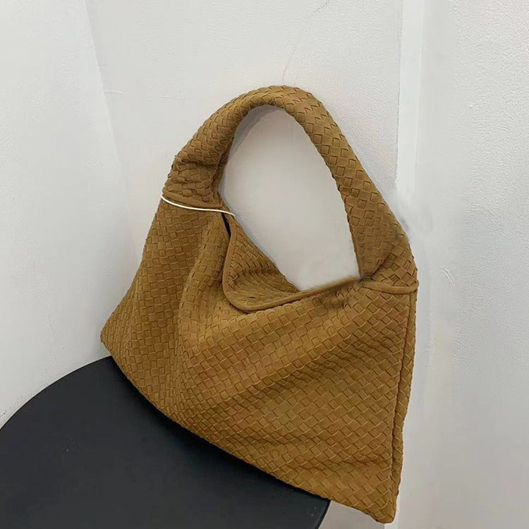 Eprolo suede woven tote bag with large capacity, featuring a suction buckle, simple fashionable design, suitable for underarm or shoulder use.