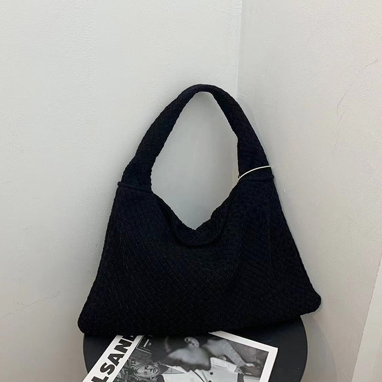 Eprolo suede woven tote bag with large capacity, featuring a suction buckle and versatile underarm or shoulder carry style.