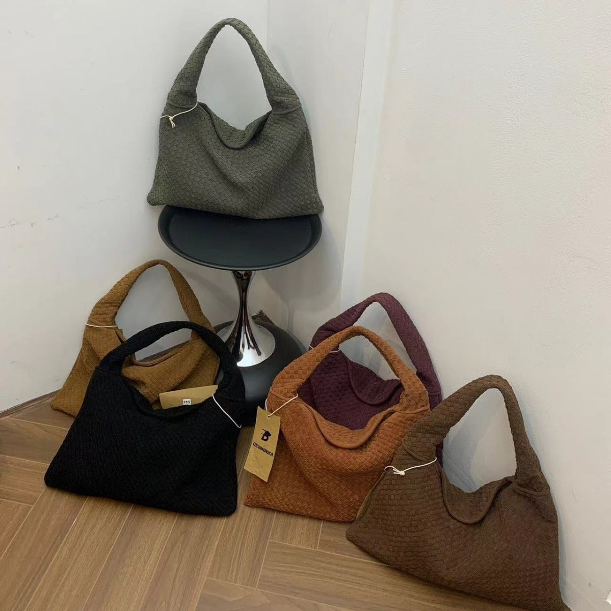 Eprolo suede woven tote bag with large capacity, simple fashion design, underarm and shoulder carry options, featuring a suction buckle.