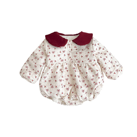 Eprolo autumn style baby gown for newborns with bow and velvet wrap, suitable for one month to one year old infants.