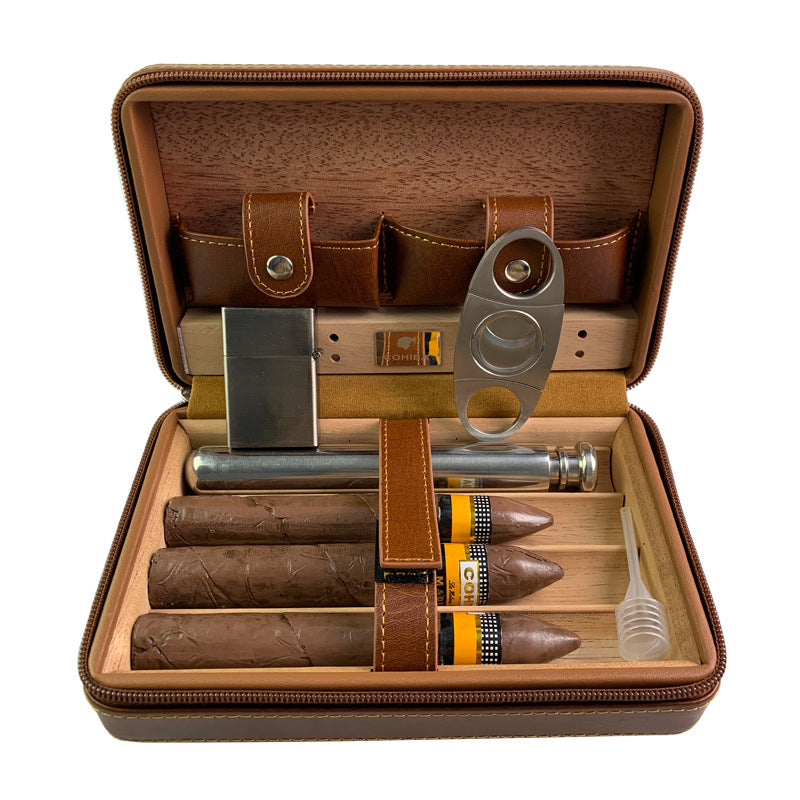 Carved version cigar box portable cedar wood cigar moisturizing box cowhide cigar box storage box Gaoxiba - American Smart