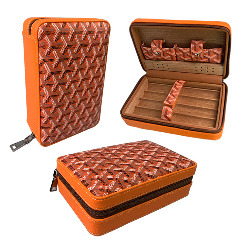 Carved version cigar box portable cedar wood cigar moisturizing box cowhide cigar box storage box Gaoxiba - American Smart