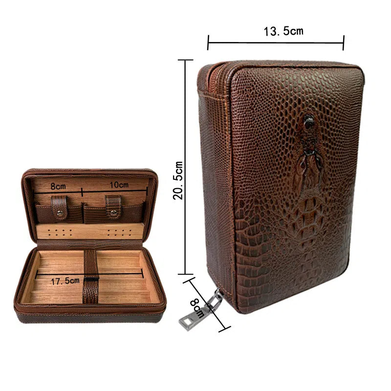 Carved version cigar box portable cedar wood cigar moisturizing box cowhide cigar box storage box Gaoxiba - American Smart