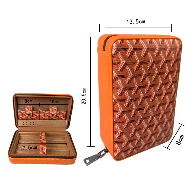 Carved version cigar box portable cedar wood cigar moisturizing box cowhide cigar box storage box Gaoxiba - American Smart