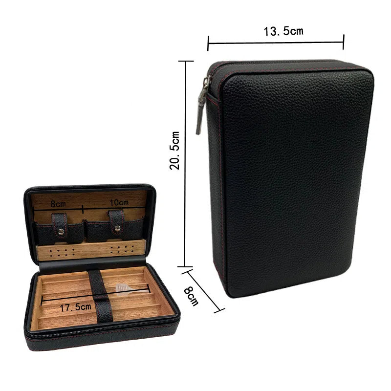 Carved version cigar box portable cedar wood cigar moisturizing box cowhide cigar box storage box Gaoxiba - American Smart