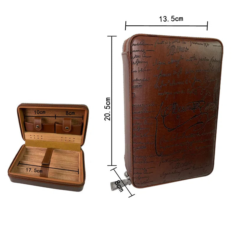 Carved version cigar box portable cedar wood cigar moisturizing box cowhide cigar box storage box Gaoxiba - American Smart