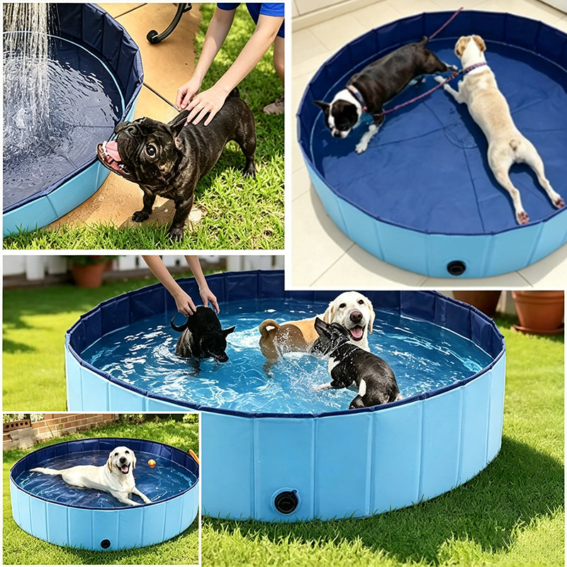 Foldable eprolo dog swimming pool with drain, outdoor puppy bath tub, perfect for summer water play and pet cleaning.