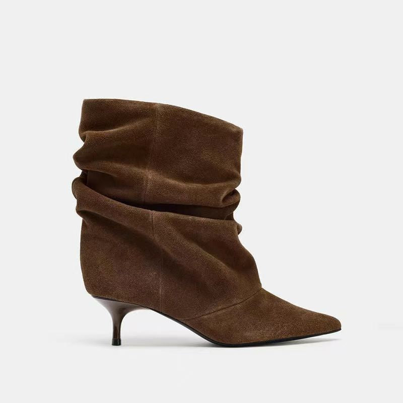 Eprolo velvet pleated mid-calf boots for women with pointed toe and medium heel, stylish and elegant footwear.
