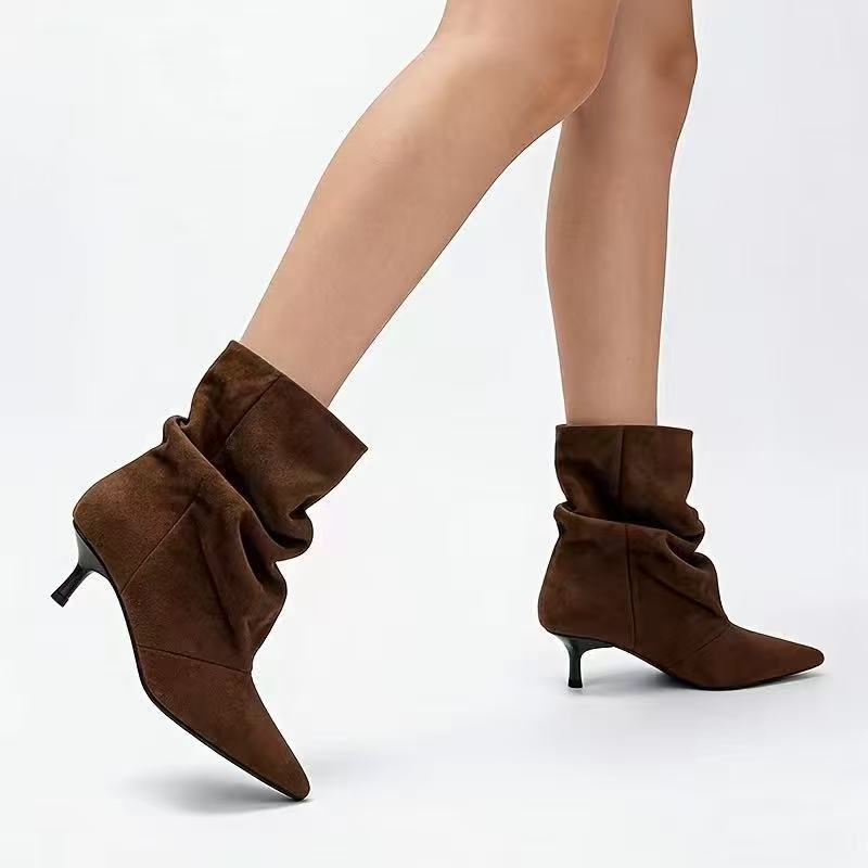 Velvet pleated mid-calf women's boots with pointed toe and medium heel, stylish eprolo footwear for elegant winter outfits