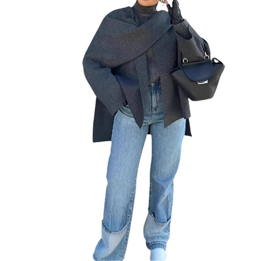 Gray knitted asymmetric shawl scarf sweater with long sleeves, stylish eprolo cardigan for cozy winter wear