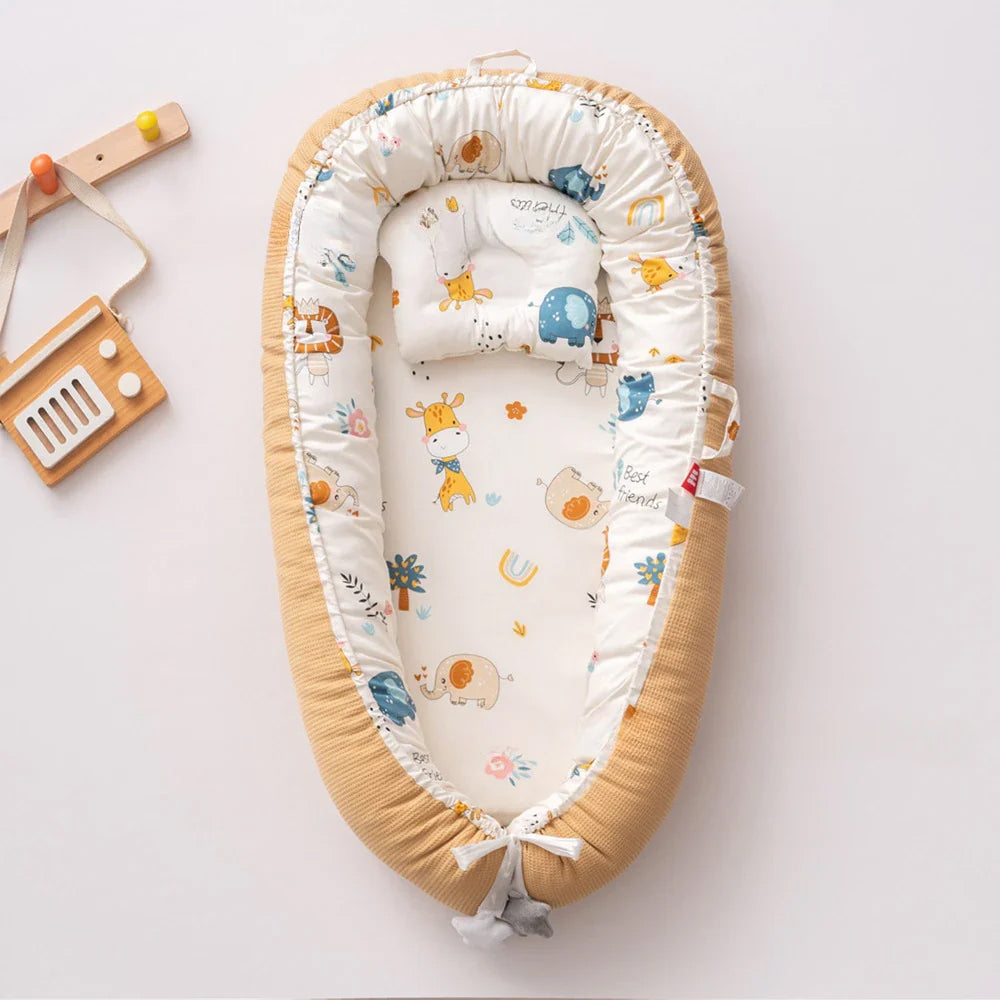 Portable baby crib with washable baby pillow from eprolo, lightweight and removable, ideal for travel and on-the-go comfort.