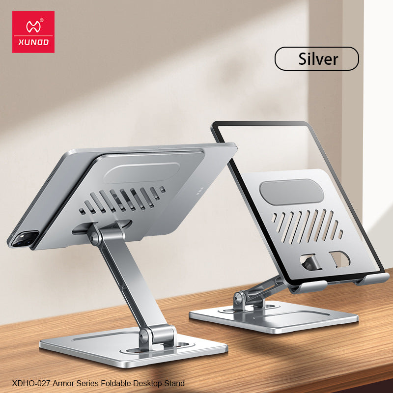 Eprolo foldable metal stand for tablets and smartphones, showcasing adjustable design and heat dissipation features in a desktop setup.