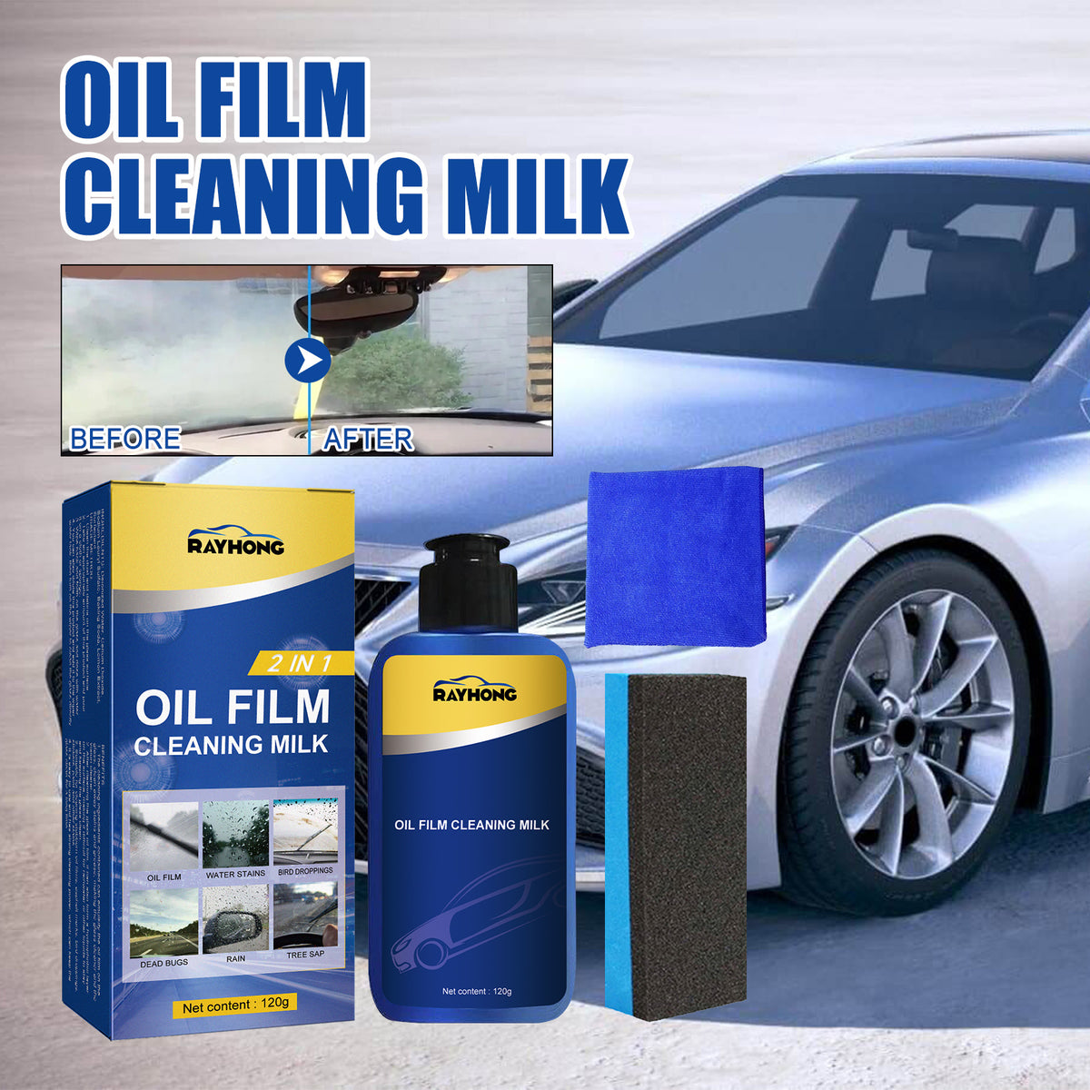 Eprolo 2-in-1 car oil film cleaner for front windshield, removing stubborn stains and dirt for a clear view.