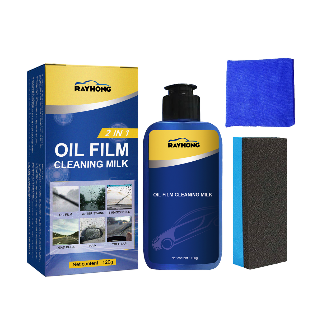 Eprolo 2-in-1 car oil film cleaner for front windshield, removing stubborn stains and improving visibility.