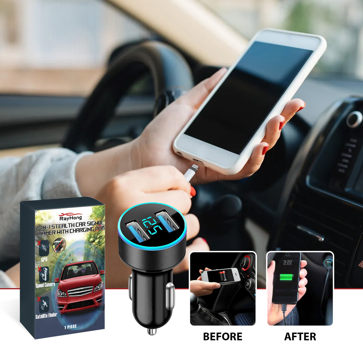 eprolo 2-in-1 car signal jammer with charging pod, dual USB car charger for mobile phones, compact and multifunctional device