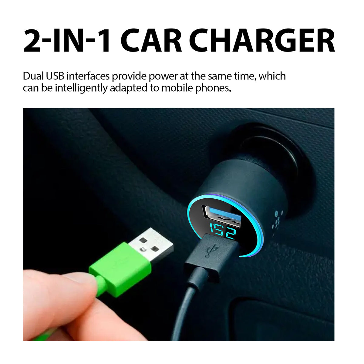 eprolo 2-in-1 car signal jammer with charging pod, dual USB car charger, and mobile phone multi-function charger in use.