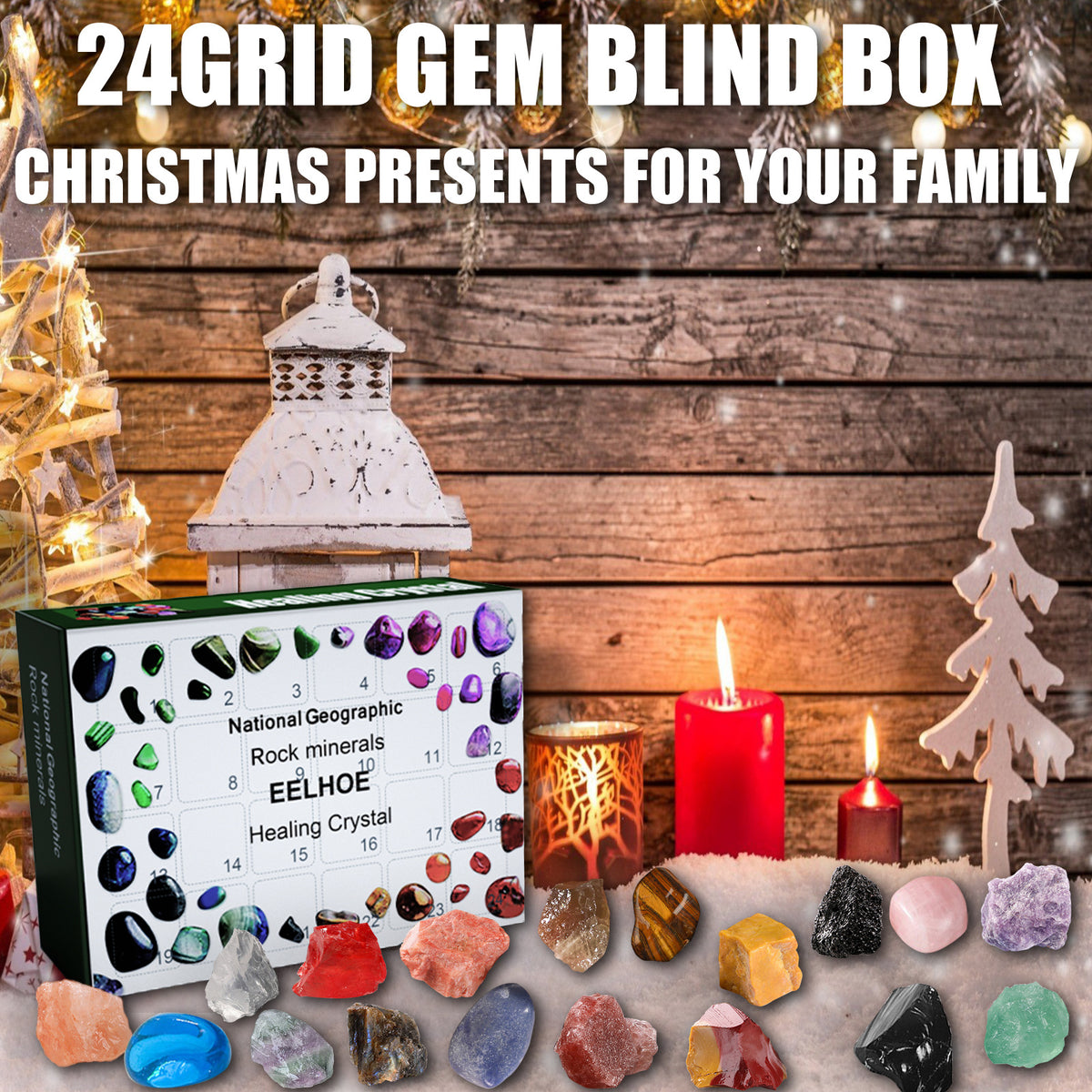 eprolo 24 Grid Ore Blind Box featuring green Christmas-themed surprise gifts and small ornaments in a colorful display.
