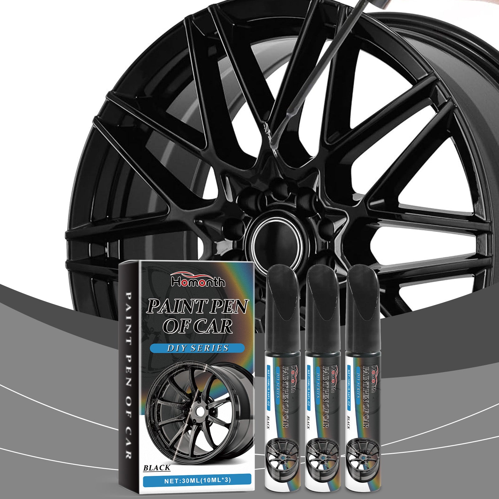 eprolo black car wheel scratches repair pen showing the pen and scratched wheel surface for decontamination and paint touch-up