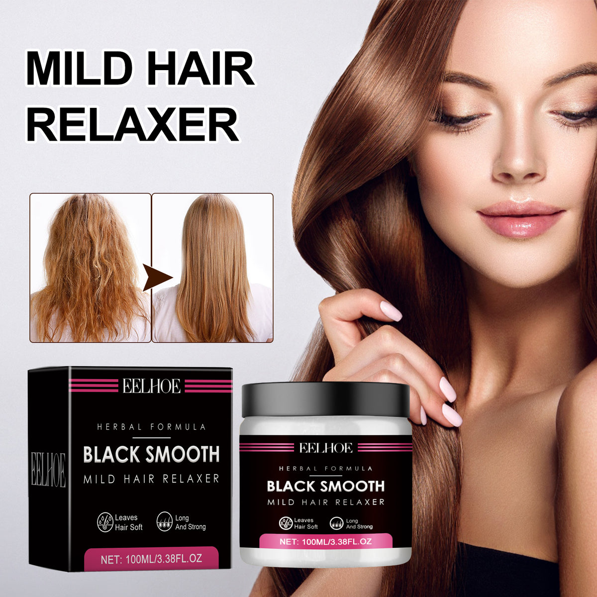 EELHOE Mild Hair Relaxer cream in a jar, designed for smoothing and nourishing dry, straight hair.