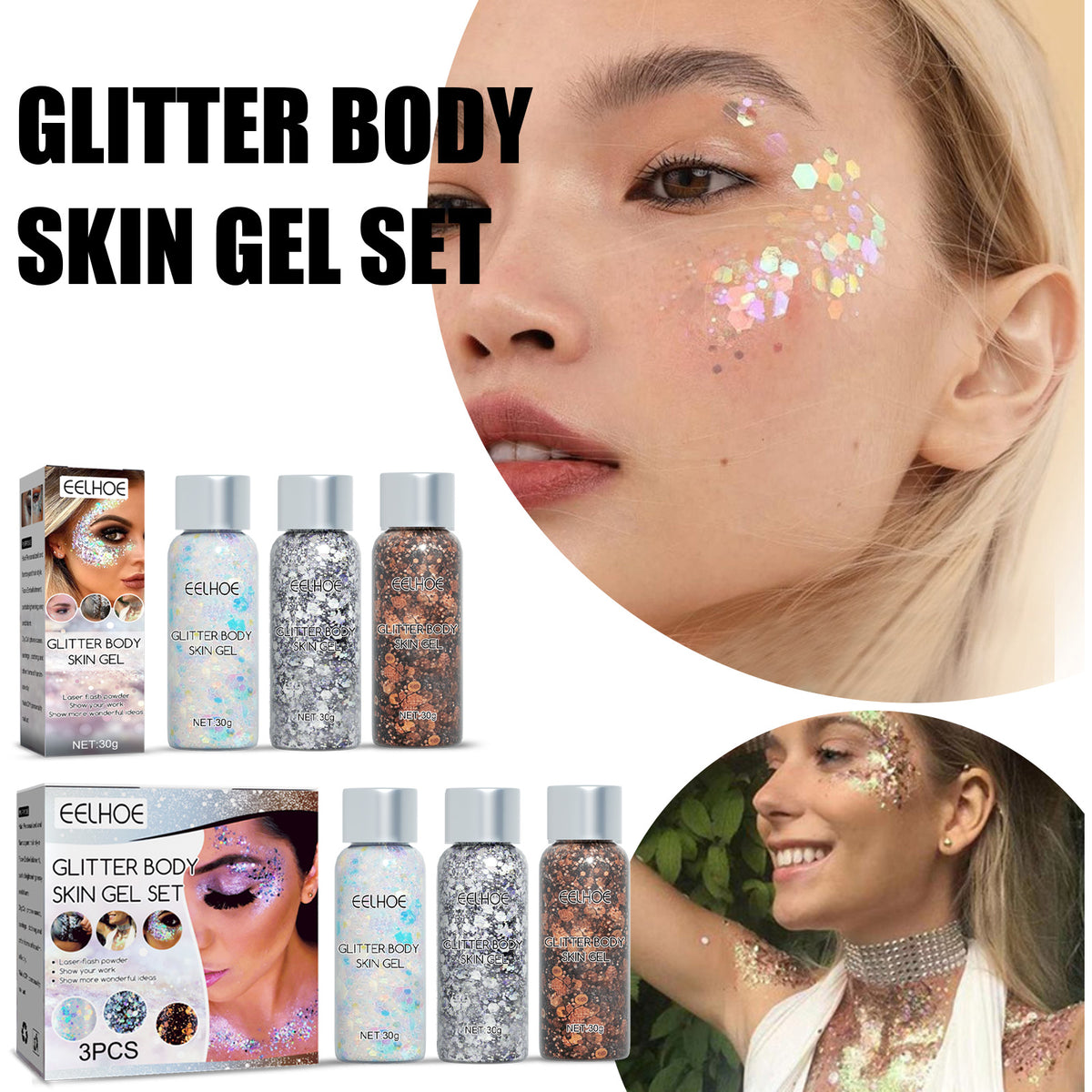 EELHOE Shining Body Skin Gel (Silver) Makeup Fish Scale Sequin Gel Sequin Stage Performance Makeup Props Eyeshadow - American Smart