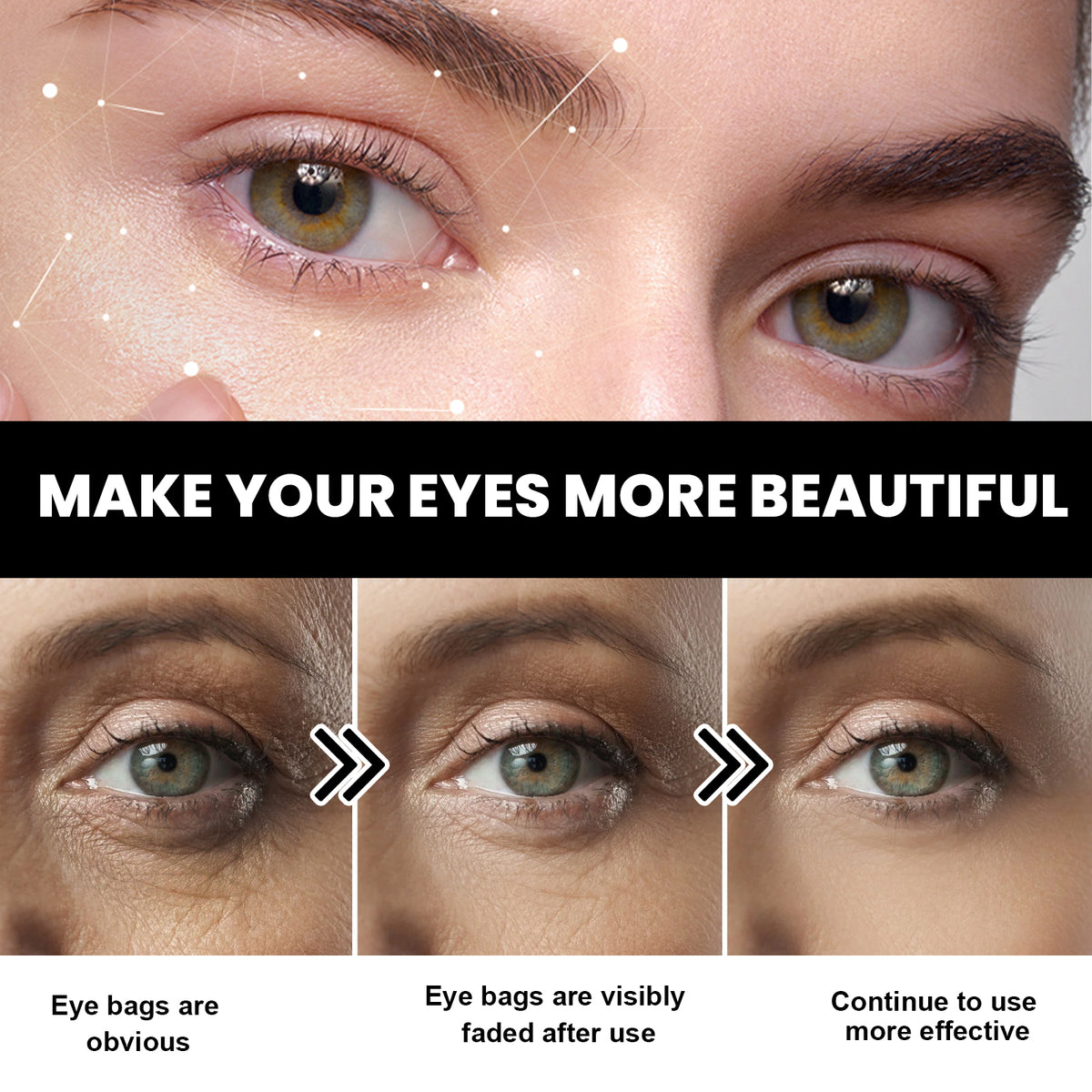 eprolo eye firming cream showing a jar of eye cream with smooth, moisturized skin around the eyes and bag relief.