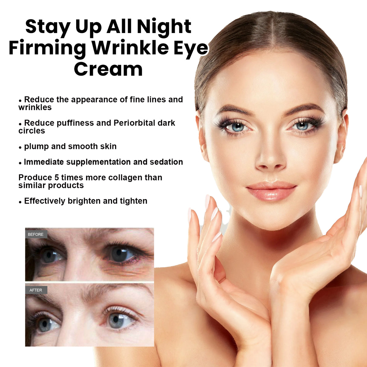 Eprolo eye firming cream in a jar, showing smooth, moisturized skin around the eyes, reducing bags and dark circles.