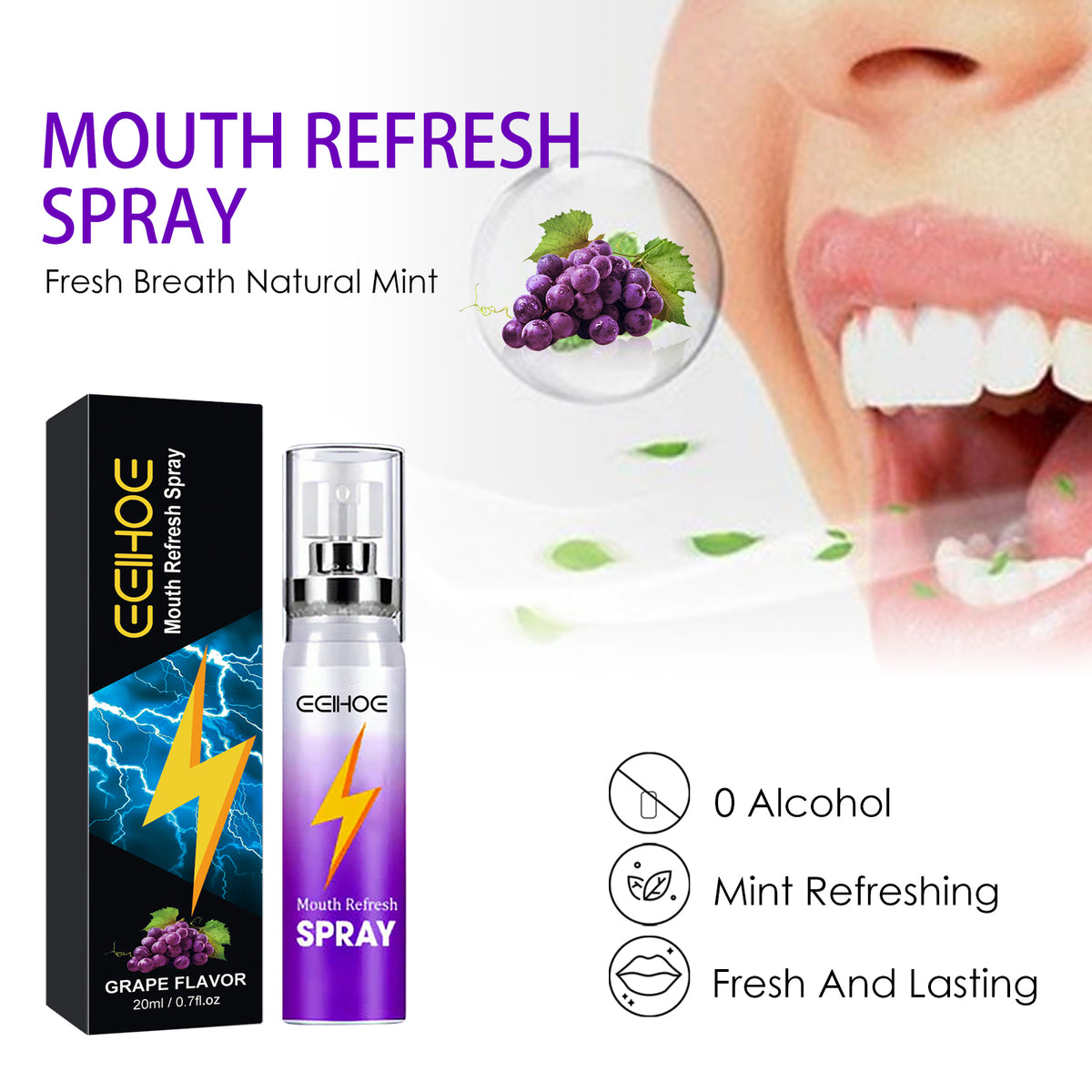 eprolo Fresh Mouth Spray with fresh breath fragrance, portable bad breath spray in a compact bottle.