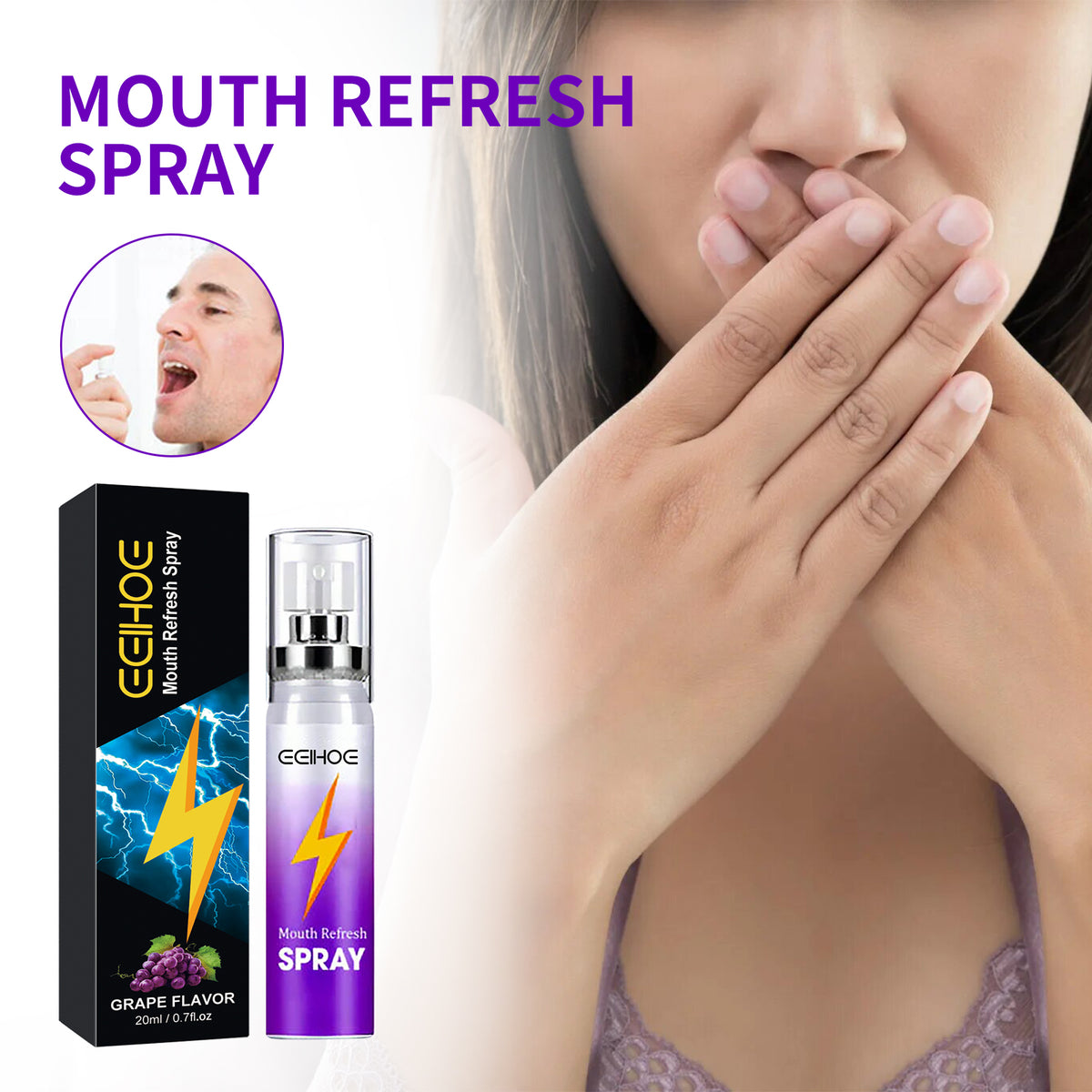 Eprolo Fresh Mouth Spray with a sleek bottle, designed to freshen bad breath and provide a clean, minty fragrance on the go.