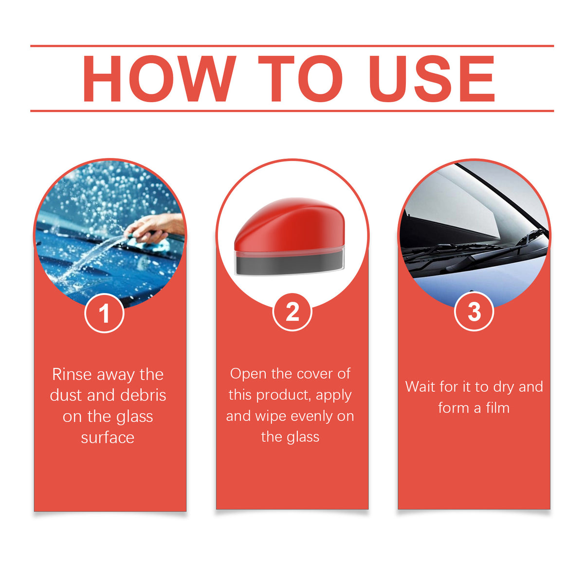 Eprolo glass oil film cleaner applying to automotive windshield for bright, crystal-clear visibility and decontamination.