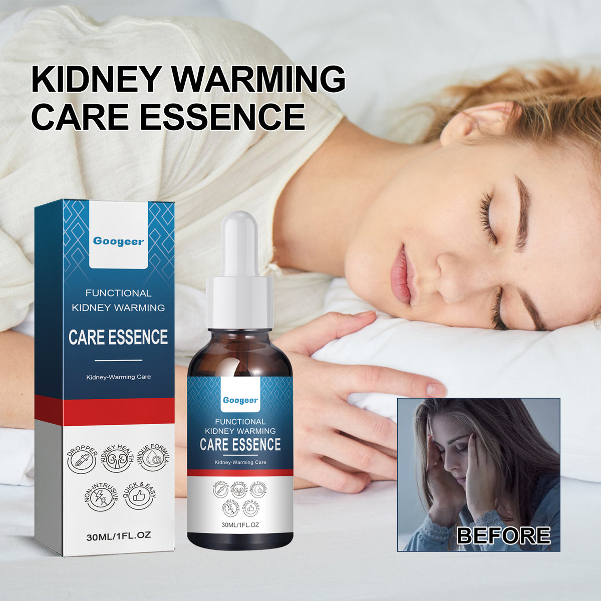 Eprolo Googeer Body Care Drops for sleep improvement, back pain relief, and urinary frequency, shown in a small bottle.