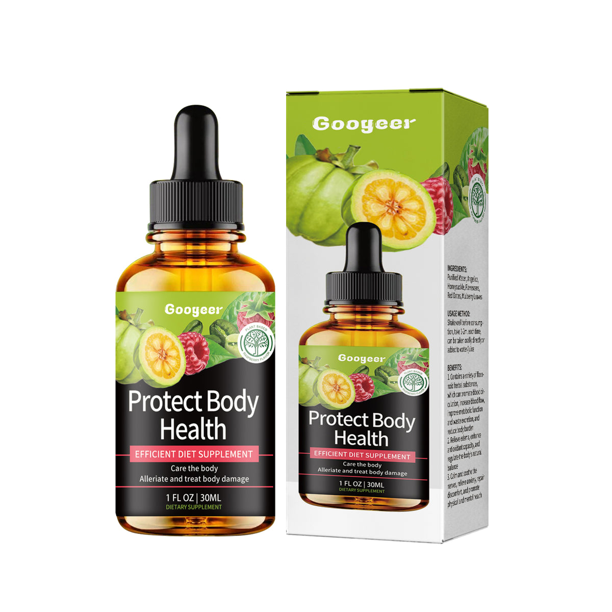 Eprolo Googeer Herbal Body Care Drops with herbal essence for relieving dizziness and aching bones, shown in a clear bottle.