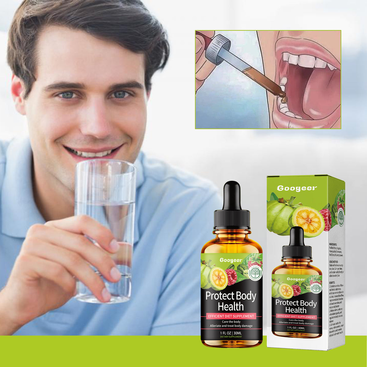 eprolo Googeer Herbal Body Care Drops for dizziness relief and aching bones, featuring natural herbal essence in a bottle.