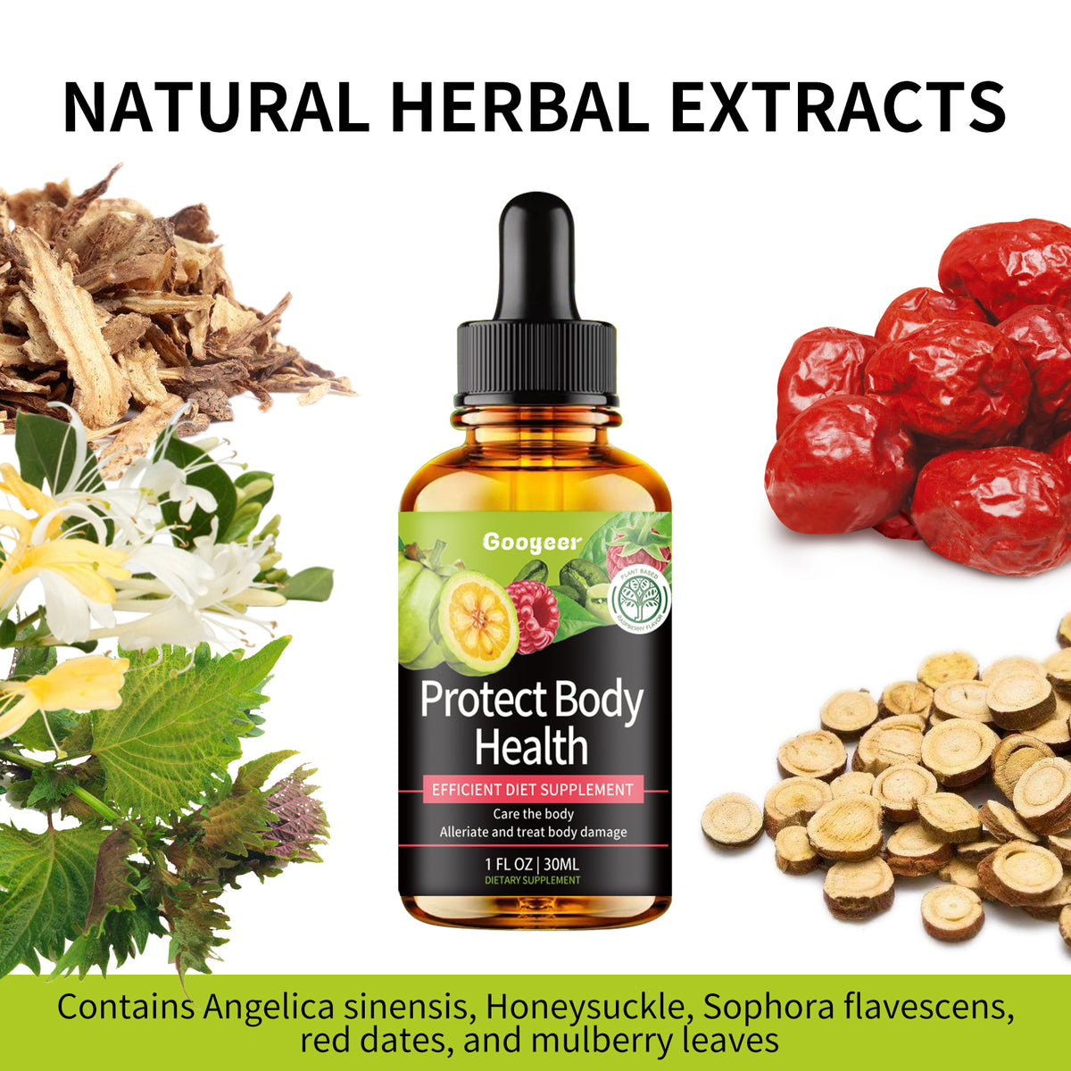 Eprolo Googeer Herbal Body Care Drops bottle with herbal essence for relieving dizziness and aching bones, natural remedy.