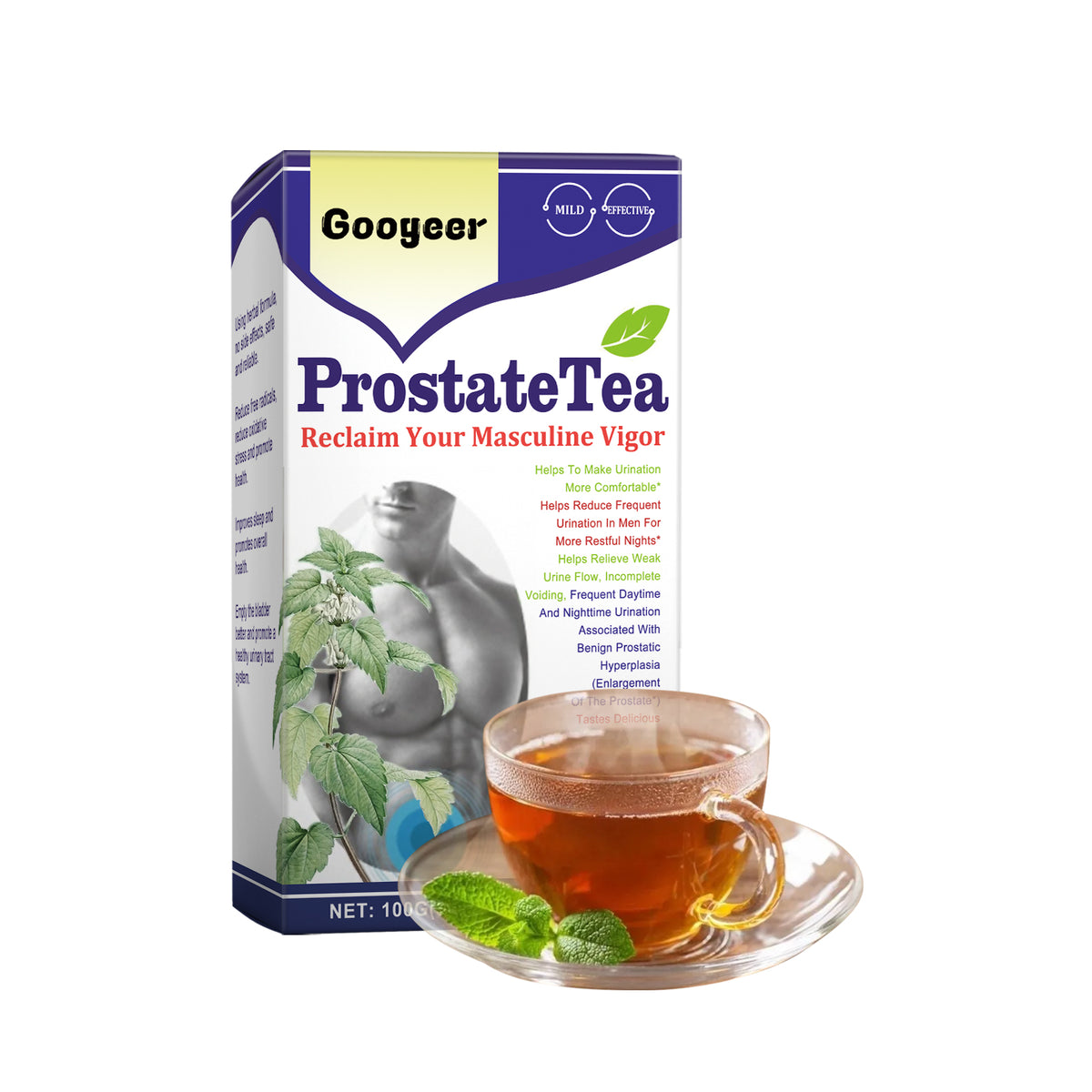 Eprolo Googeer Prostate Tea Body Treatment packaging with herbal tea sachets and informative label on a white background.